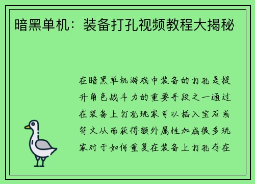 暗黑单机：装备打孔视频教程大揭秘